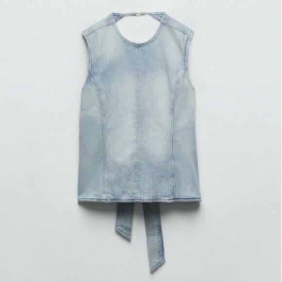 Zara Denim Open Back Tie Top - Picture 3 of 9